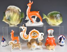 Lomonosov / USSR eleven mid century modern / retro porcelain stylised bird, animal and fish figures,
