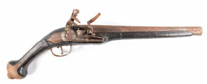 Flintlock holster pistol with steel trigger guards, butt cap and mounts and 11.5 inch part-octagonal