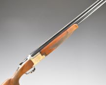 Laurona 12 bore over and under ejector shotgun with engraved lock, underside and thumb lever,