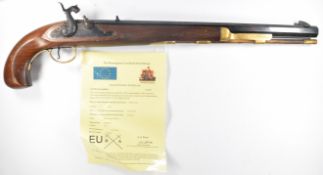 Deactivated Pedersoli percussion hammer action long barrelled pistol with brass trigger guard and