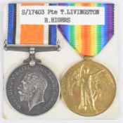 British Army WW1 medal pair comprising War Medal and Victory Medal named to 17403 Pte T