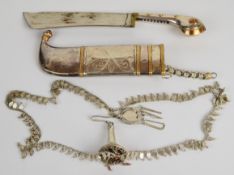 Eastern dagger with decorated grip, 16cm wide blade and decorated scabbard with chain PLEASE