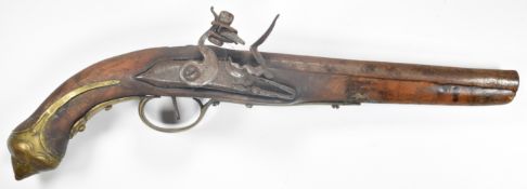 Continental flintlock pistol with engraved lock and hammer, brass trigger guard and butt plate and 9