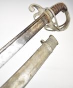 19thC sword with three bar hilt, 90cm curved pipe back blade etched Wooley & Sargeant B'ham and East
