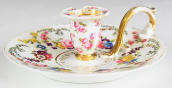 Swansea porcelain early 19thC footed chamberstick / candlestick with gilded mask finger piece and