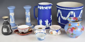 Wedgwood Jasperware jardinière, jug and candlesticks, two Meissen pin / cache pots, 18thC Chinese