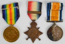 British Army WW1 medal trio comprising 1914 'Mons' Star with clasp for 5th August -22nd November
