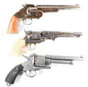 Three Denix BKA and similar replica revolvers including Schofield LeMat and one with ornate