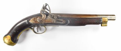 Flintlock pistol with engraved lock, brass trigger guard, butt plate and mounts and 9 inch smooth