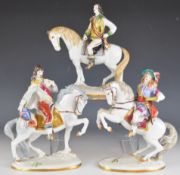 Wallendorf three porcelain mounted riders, tallest 26cm