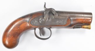 Unnamed 10 bore percussion hammer action man stopper pistol with engraved lock, hammer, trigger