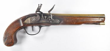 Henry Leech of Sligo Ireland flintlock holster pistol with named lock, brass tipped wooden ram-rod