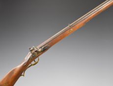 Deactivated Buchele .45 flintlock Kentucky rifle with brass trigger guard, butt plate and storage