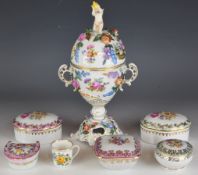 Dresden porcelain twin handled covered cup with putti finial and Watteau and applied / painted