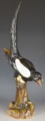 Messien large 19thC porcelain figure of a magpie, with blue crossed swords mark to a flat base,