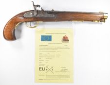 A pair of deactivated percussion hammer action pistols, each with engraved lock and hammer, brass