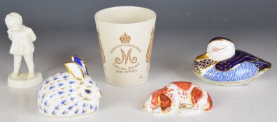 Three Royal Crown Derby paperweights, Royal Doulton beaker and Royal Worcester unpainted figure,