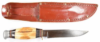 J Nowill & Sons of Sheffield Bowie knife with stag antler handle, brass hilt and 13cm blade, overall