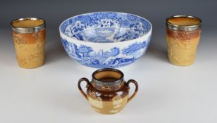 Doulton Lambeth hallmarked silver mounted salt glazed sucrier, pair of hallmarked silver mounted