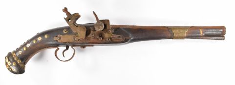 Turkish, Ottoman or Middle Eastern flintlock pistol with inlaid bone and brass stud decoration,