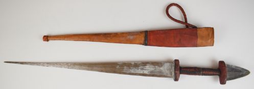 Oriental short sword with leather covered grip, 42cm double edged blade and leather scabbard