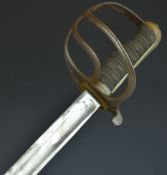 19thC three bar hilt sword with shaped shagreen and wire grip, 89cm fullered blade and scabbard