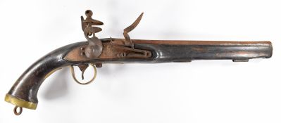 Flintlock holster pistol with engraved decoration to the lock, brass trigger guard and butt cap,