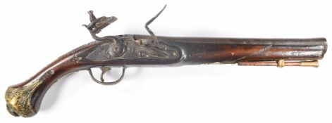 Ottoman or similar flintlock holster pistol with carved grip, embossed brass trigger guard and