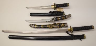 Three Ancient Warrior Japanese Samurai swords comprising a katana and two wakizashi all with bound
