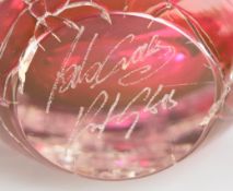 Bob Crooks for First Glass Glacier cranberry glass scent bottle with clear stopper, 22cm tall.