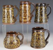 Peter Currell Brown Dursley / Cam snake pottery five slipware motto tankards Strong Beer For Nursing
