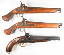 Three replica percussion pistols comprising a double barrelled side by side howdah pistol with brass