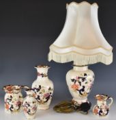 Mason's Mandalay pattern table lamp, jugs and vase, tallest 46cm