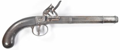 Queen Anne style flintlock pistol with engraved top strap, vacant wrist cartouche and 7.5 inch
