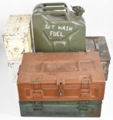 Four Army metal ammunition boxes, together with another designated a Range Warden's First Aid tin