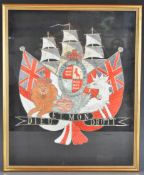 Patriotic wool / silk and bullion panel depicting lion and unicorn, union flags, royal cypher '