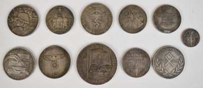Eleven German Nazi Third Reich commemorative coins including 14th Panzer Division, NSDAP 1932,