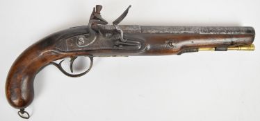 Henry Nock of London flintlock holster pistol with named lock, engraved hammer, brass trigger
