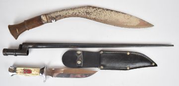 Russian Mosin Nagent bayonet with cruciform blade, together with a kukri knife with 32cm blade and a