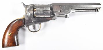 Colt style .36 six-shot single action percussion revolver with wooden grips and named 5.5 inch