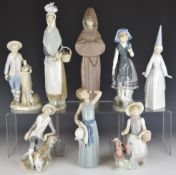 Seven Lladro figures and a similar example, includes monk, girl with turkeys etc, tallest 32cm