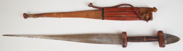 Oriental short sword with leather covered grip, 48cm double edged stiletto blade and leather