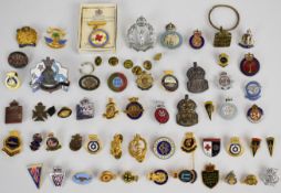 Approximately 50 badges including two hallmarked silver ARP, Rest Centre Services, Royal Observer