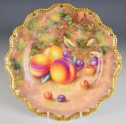 Royal Worcester peaches and cherries painted fruit plate with gadrooned gilded rim signed H