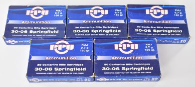One hundred .30-06 Springfield PPU FMJ 9.7g 150gr rifle cartridges, all in original boxes. PLEASE