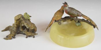 Two cast metal figures of foxes and pheasants on a pin dish, tallest 9cm