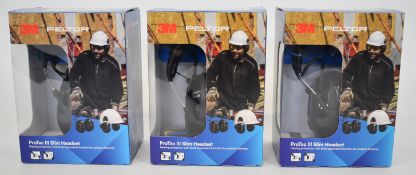 Three sets of 3M Peltor TroTac III Slim electronic ear defenders, all in original boxes.
