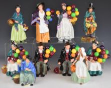 Royal Doulton ten character figures comprising six Balloon Sellers, The Orange Lady, Tuppence A Bag,
