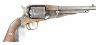 Remington style .36 six-shot single action revolver with shaped wooden grips, brass trigger guard
