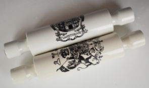 Two early Portmeirion rolling pins 'Lanhydrock' and coat of arms 'Le Jour Viendra'